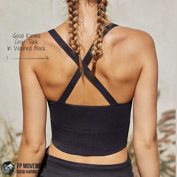 FP MOVEMENT GOOD KARMA CROP TANK BRA + RUNNING SHORTS IN WASHED BLACK XS/S M/L - Picture 8 of 16